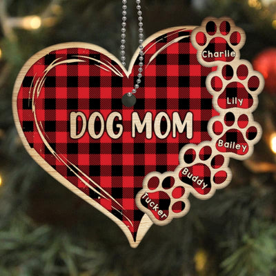 Checkered Dog Mom Heart Paw Prints Personalized Wooden Ornament