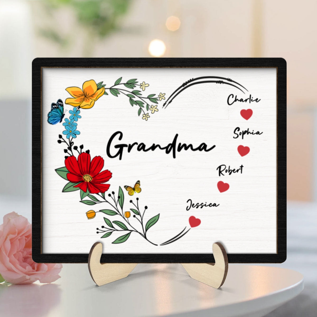 Grandma Mom Hearts Flower Kids Names Personalized 2-layer Wooden Plaque