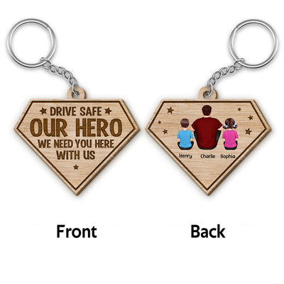 You‘re Our Superhero Back View Sitting Man Kids Dog Cat Personalized Wooden Keychain