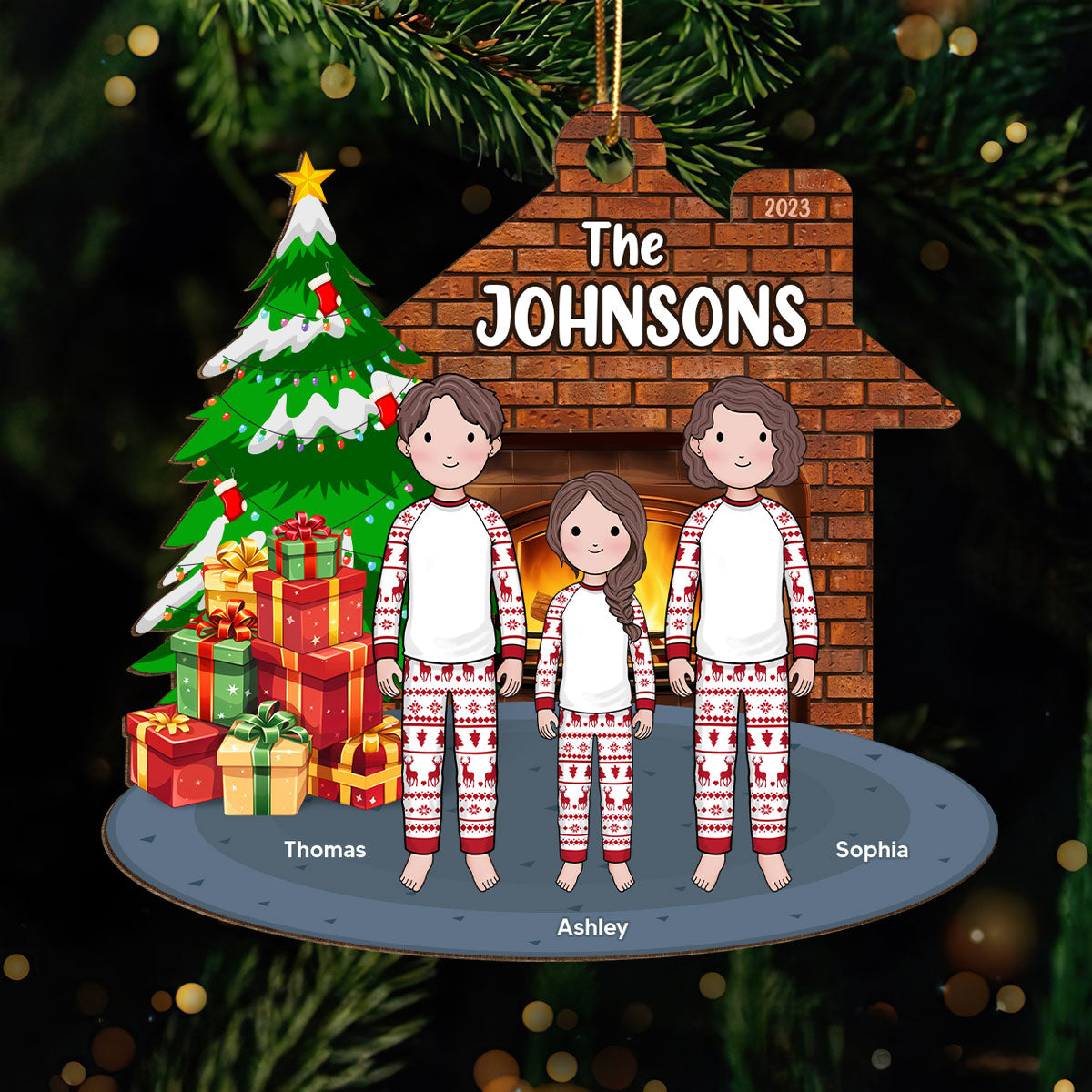 Simple Cartoon Whole Family Dad Mom Kid Dog Cat By Christmas Tree In House Personalized Wooden Ornament