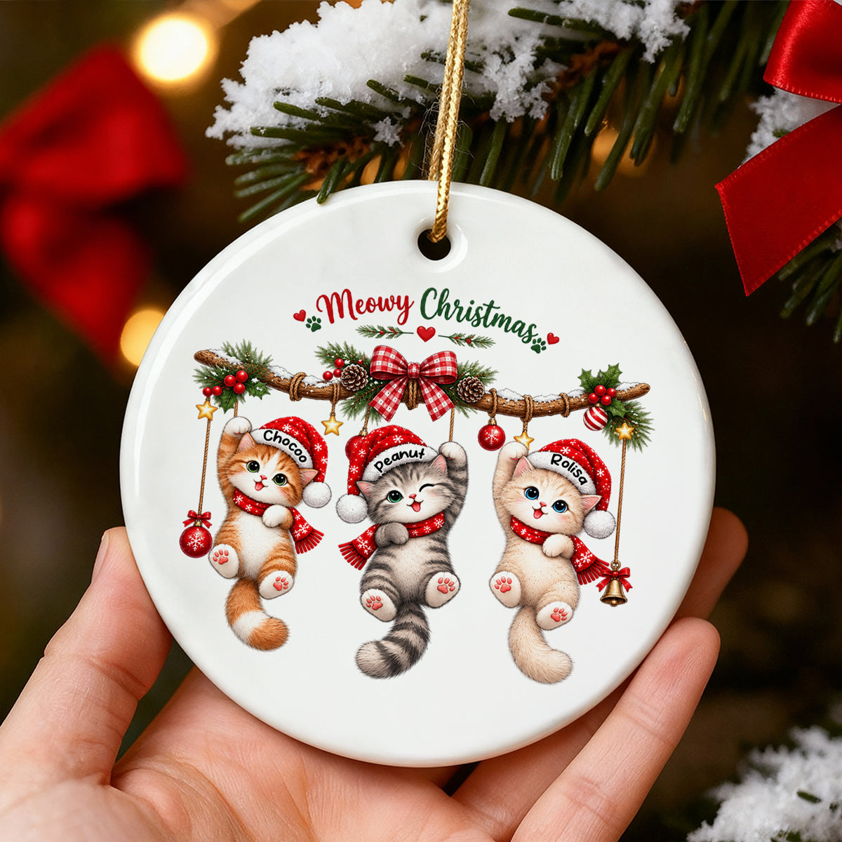Meowy Christmas Cute Cats Hanging - Personalized Ceramic Ornament - Christmas Gift for Cat Lovers