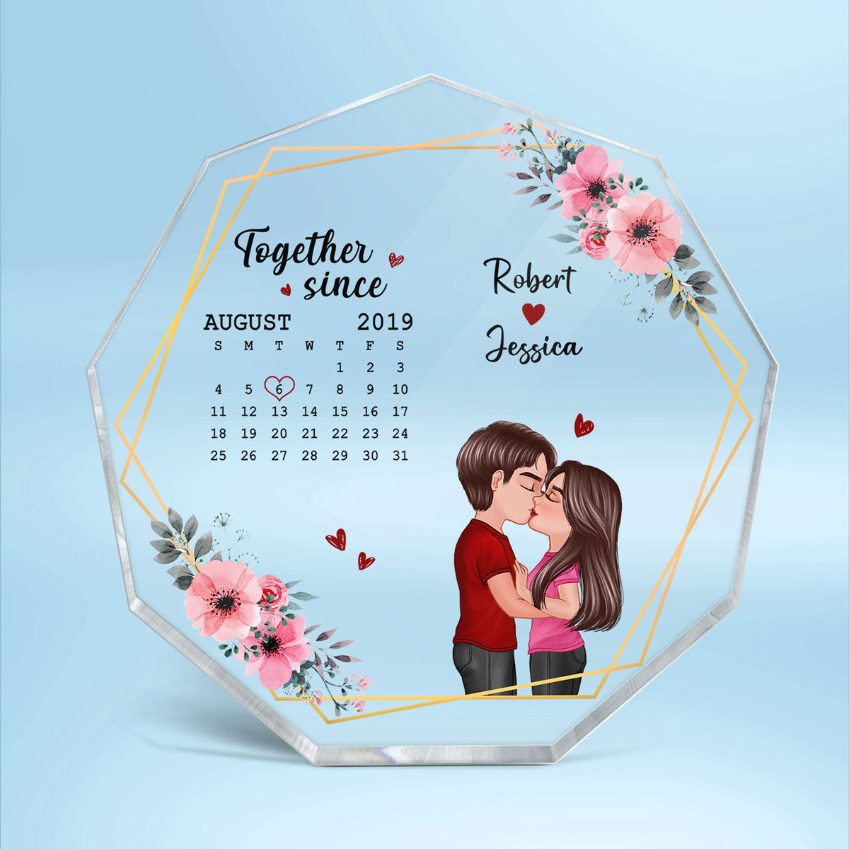 Floral Frame Doll Couple Kissing Calendar Personalized Acrylic Nonagon Plaque
