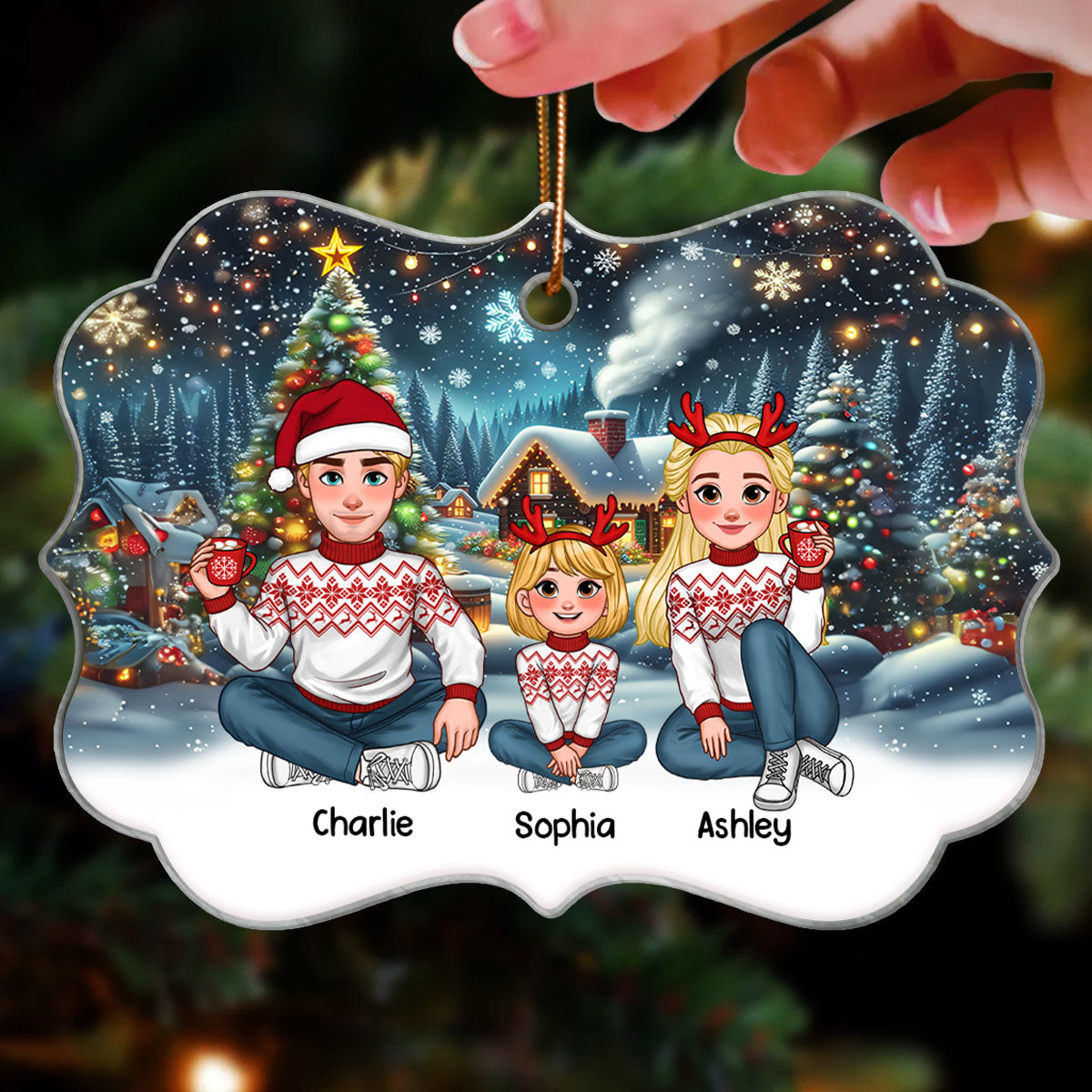 Cozy Christmas Animated Family Together Personalized Acrylic Ornament, Christmas Decoration, Christmas Gift For Family