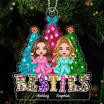 Colorful Marquee Christmas Trees Besties Forever Personalized Acrylic Ornament