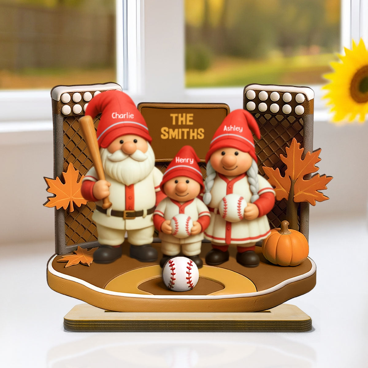 Fall Season Baseball Gnome Family 3D Effect Personalized Standing Wooden Plaque
