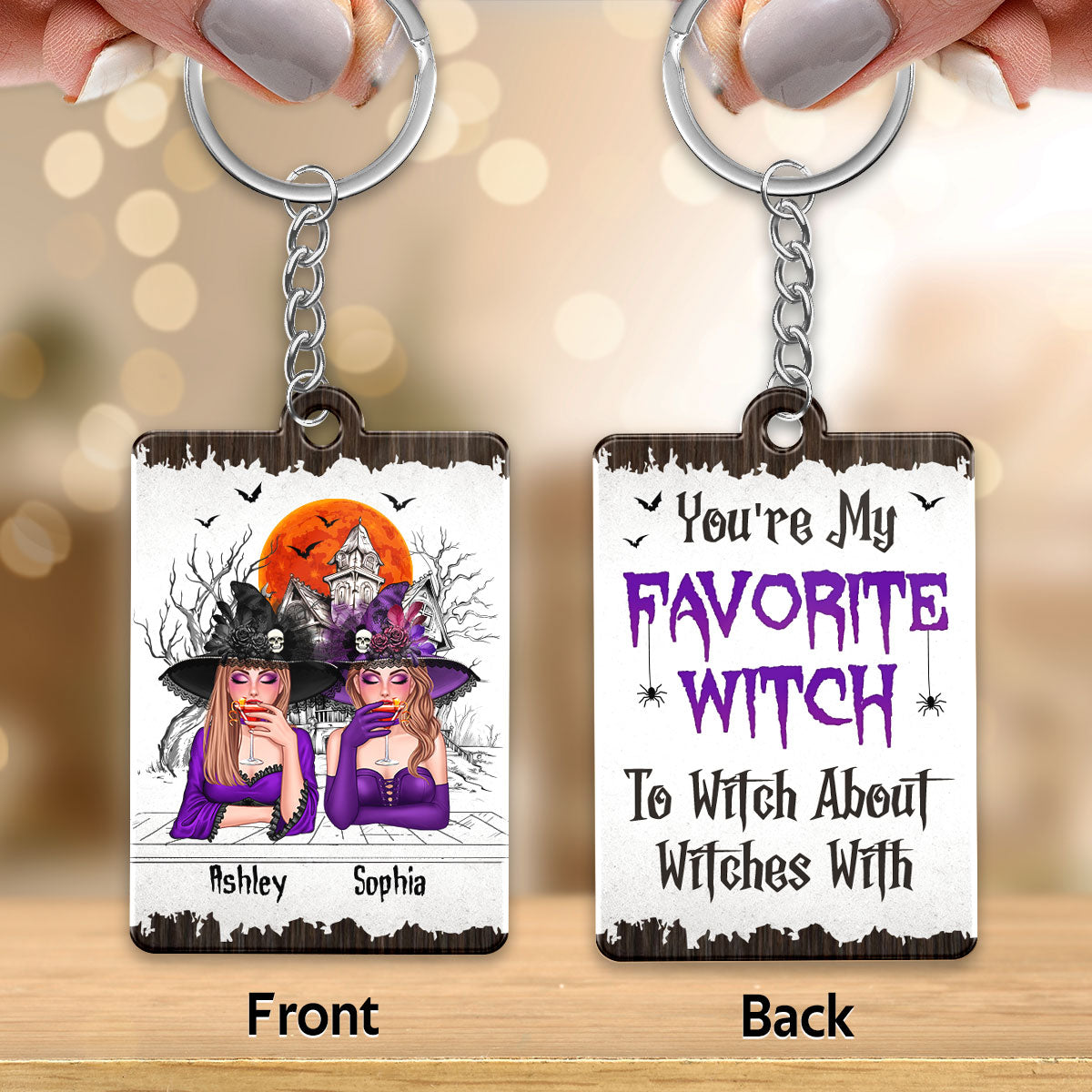 Halloween Witches Sketch Haunted House Gift For Best Friends Personalized Acrylic Keychain
