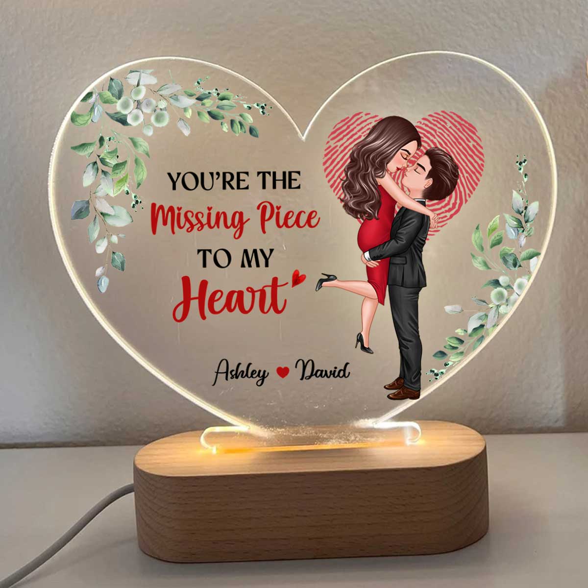 The Missing Piece Couple Heart Fingerprint Personalized Heart Acrylic LED Lamp Night Light