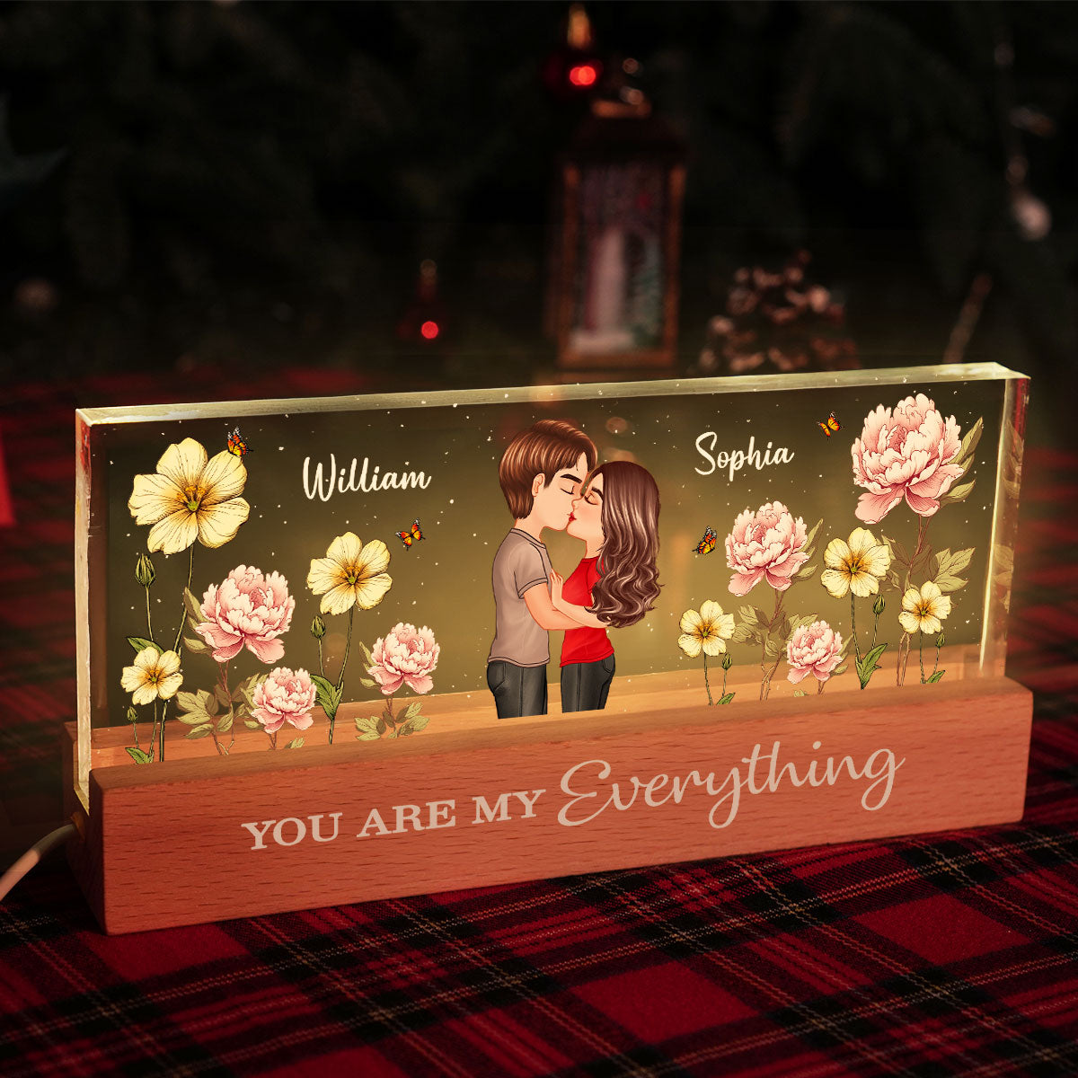 Couple Kissing Birth Month Flower Personalized Acrylic Block LED Night Light, Heartfelt Gift For Couple, For Her