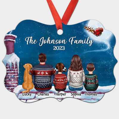 Family Couple Kid Dog Cat Back View On Roof Personalized Christmas Ornament