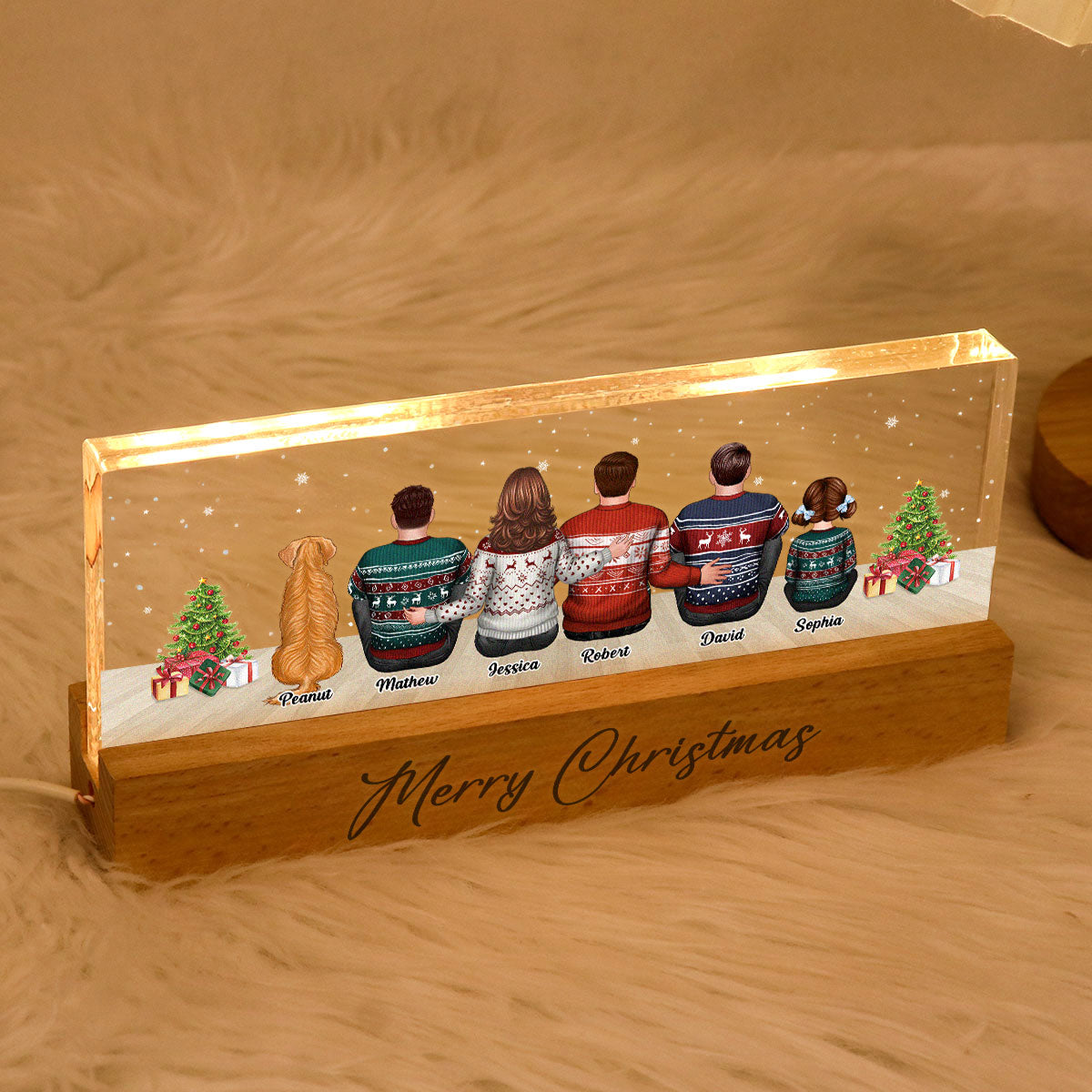 Merry Christmas Family Sitting Personalized Acrylic Block LED Night Light, Custom Family with Pets, Holidays Gift for Husband, Wife