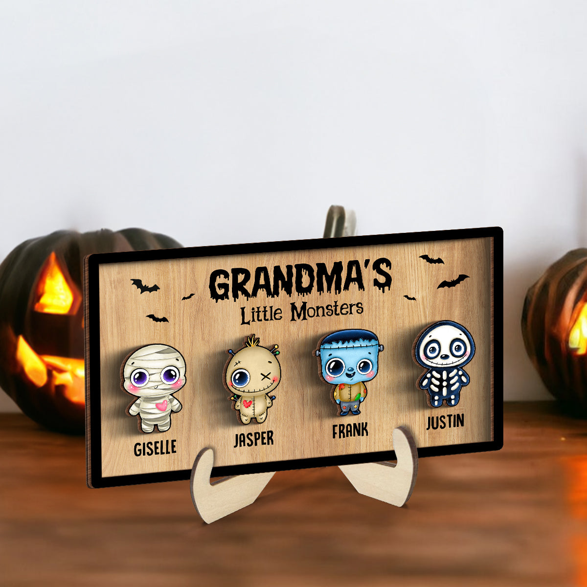 Grandma Mom Little Monsters Personalized 2-Layer Wooden Plaque, Halloween Decor
