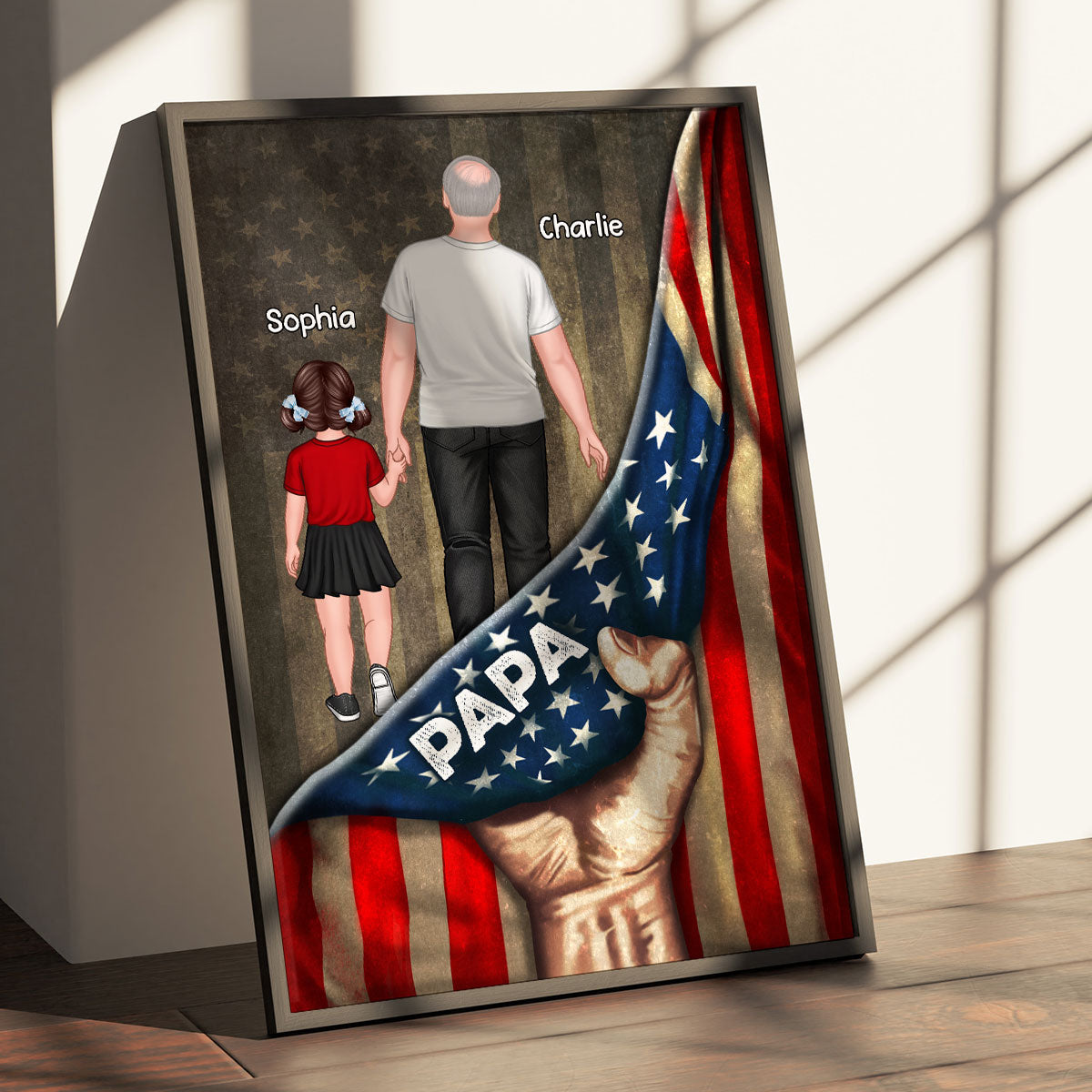 Dad Papa Grandpa Kids Walking Hand Pulling American Flag Personalized Poster, Meaningful Father's Day Gift for Dad, Gift for Husband