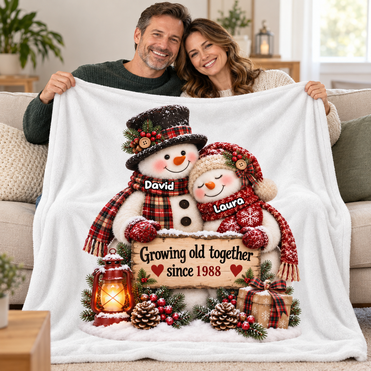 Snowman Couple Hugging Growing Old Together - Personalized Fleece Blanket - Heartfelt Christmas Gift for Her, for Him
