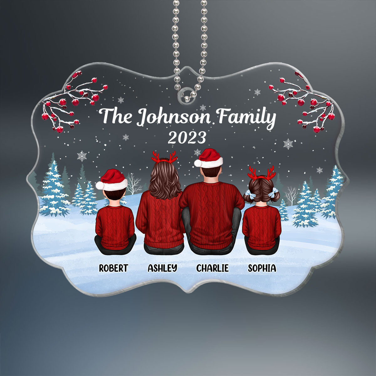Family Sitting Back View Winter Background Personalized Acrylic Ornament