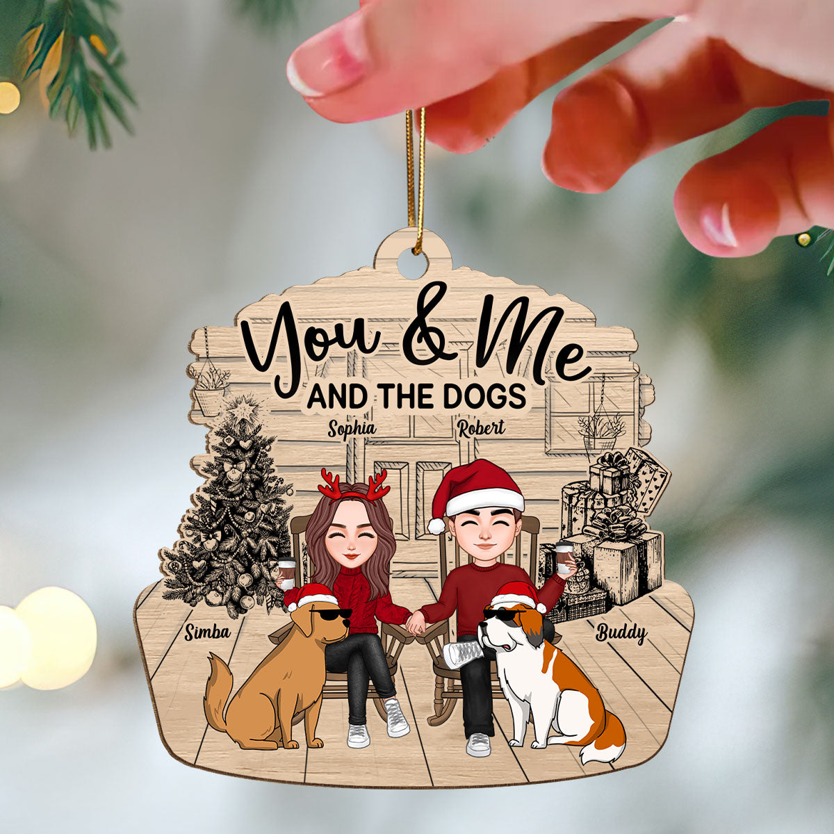 Couple And The Dogs Funny Dogs Cartoon Personalized Wooden Ornament