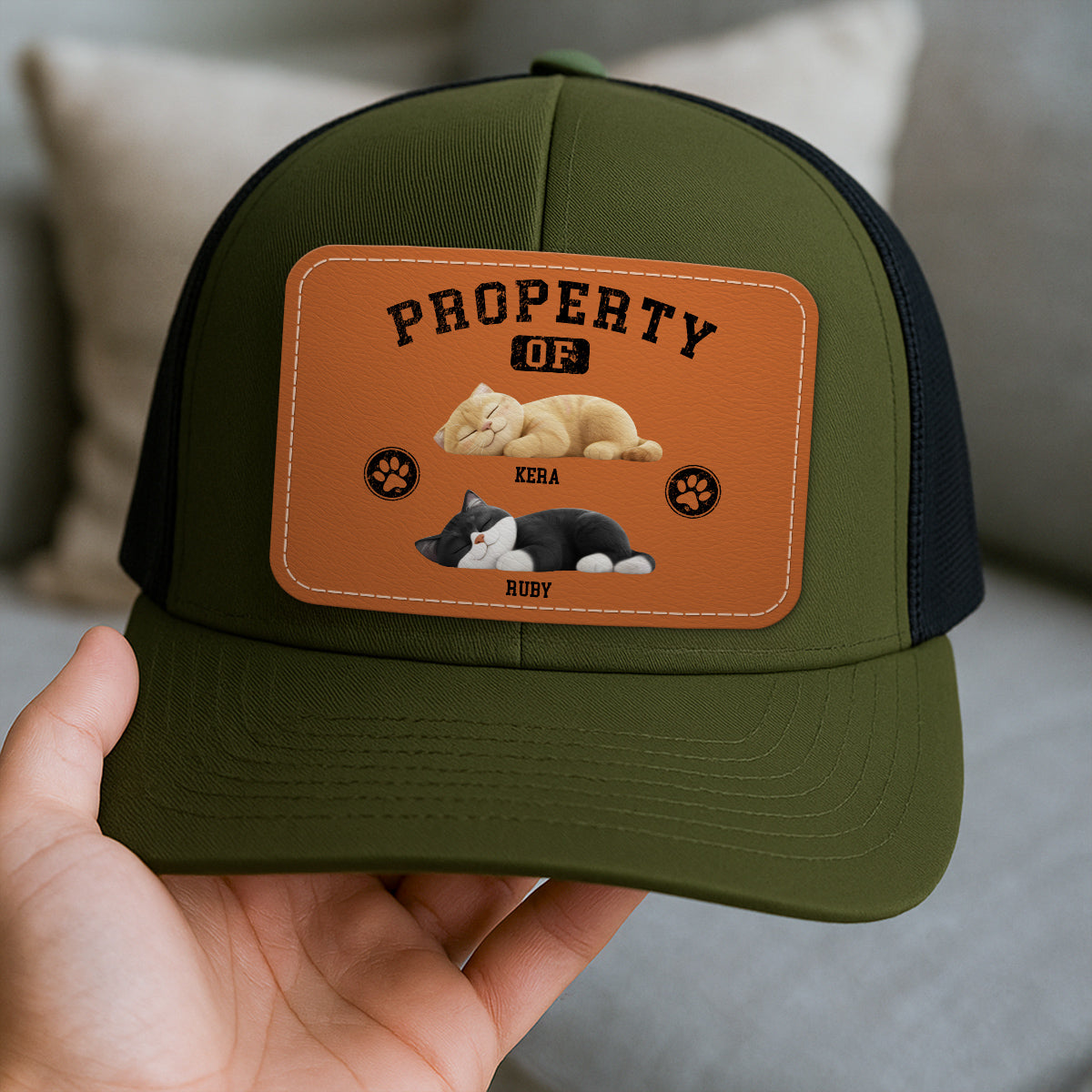 Property Of Cute Sleeping Cats Personalized Leather Patch Hat, Father's Day gift