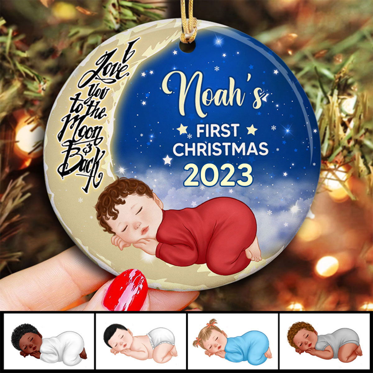 Baby First Christmas Moon Personalized Circle Ornament