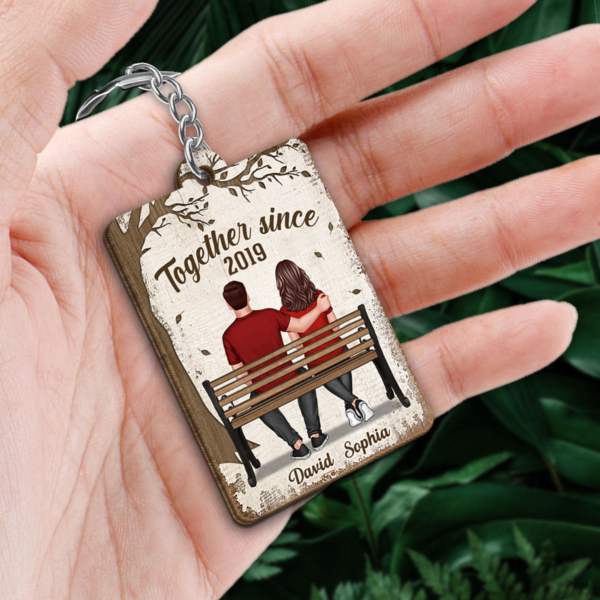 Couple Sitting On Bench Under Tree Favorite Song QR Code Personalized Wooden Keychain