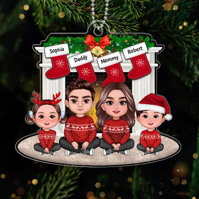 Family Crossed Legs Sitting By Christmas Fireplace Dad Mom Kid Dog Cat Personalized Acrylic Ornament