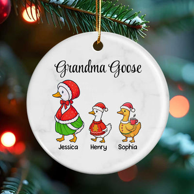 Cute Grandma Goose And Kids Personalized Circle Ceramic Ornament