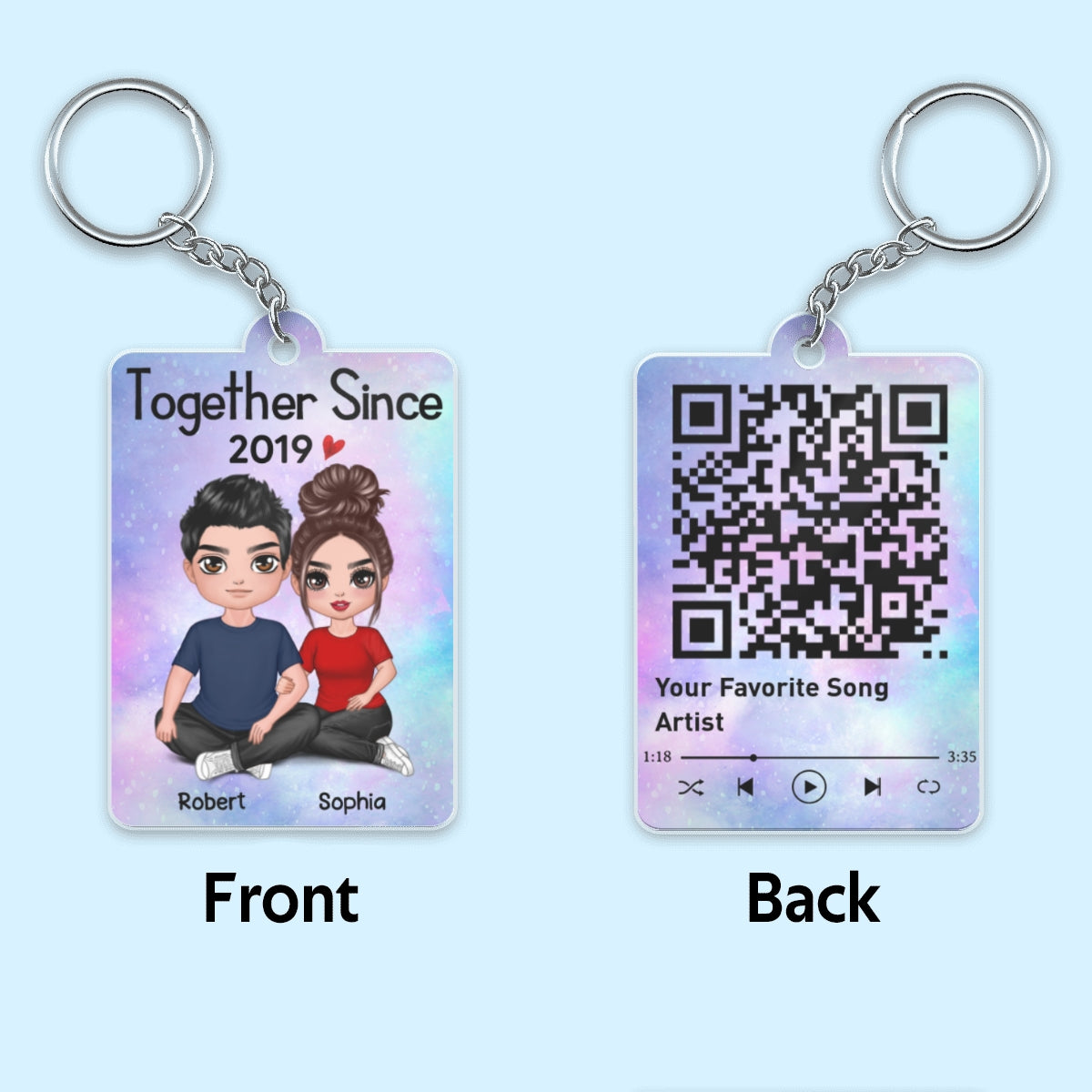Doll Couple Embracing Sitting Favorite Song QR Code Personalized Acrylic Keychain