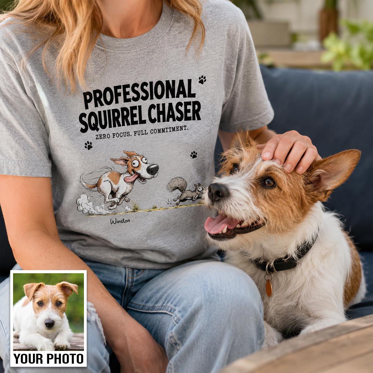 Professional Squirrel Chaser Quirky Dog Portrait From Your Dog Photo - Personalized Shirt - Funny Gift For Dog Lovers
