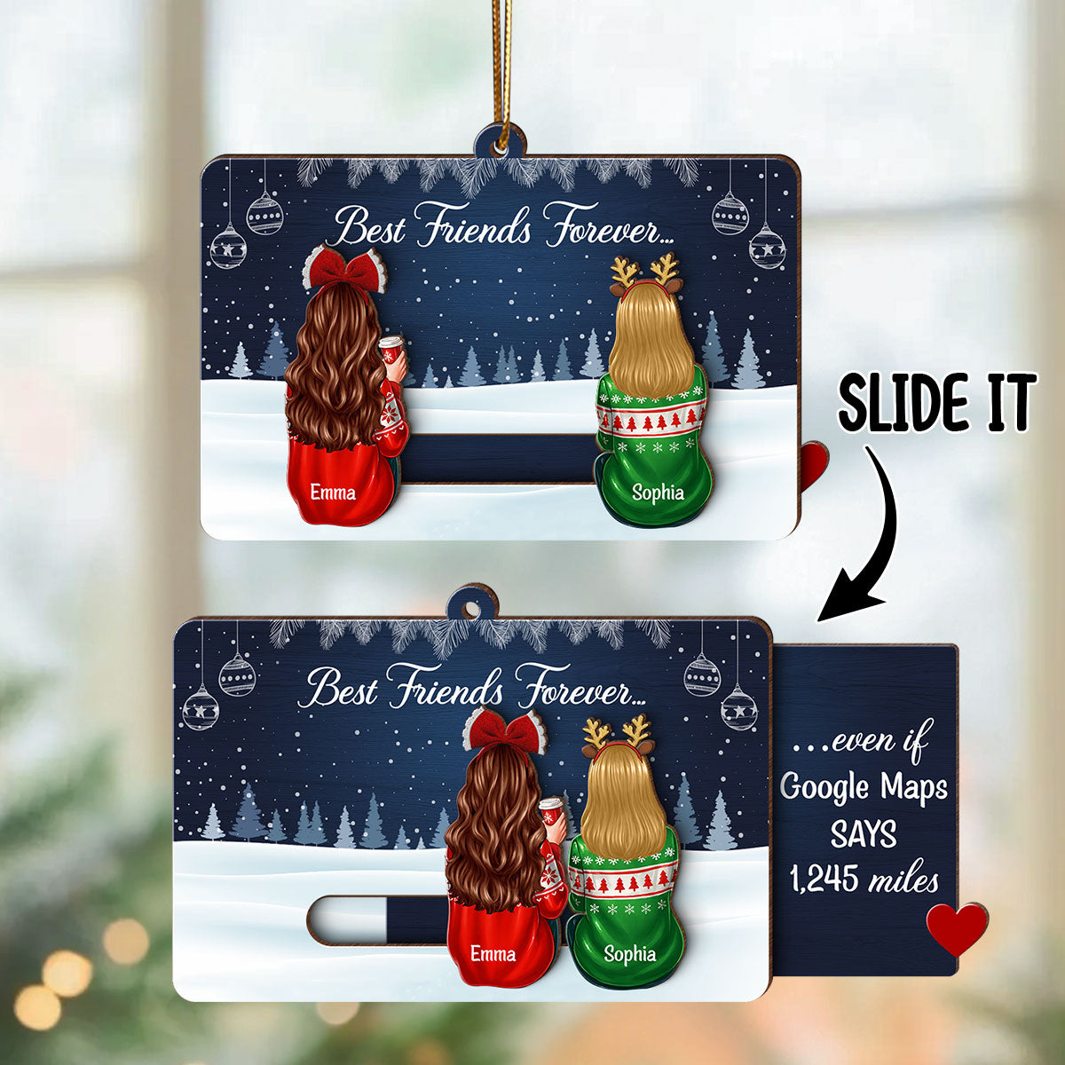 Hidden Message Besties Sisters Long Distance - Personalized Slider Ornament - Christmas Gift