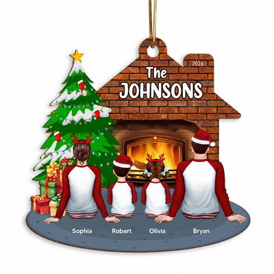 Pajamas Whole Family Sitting At Fireplace Personalized Wooden Ornament