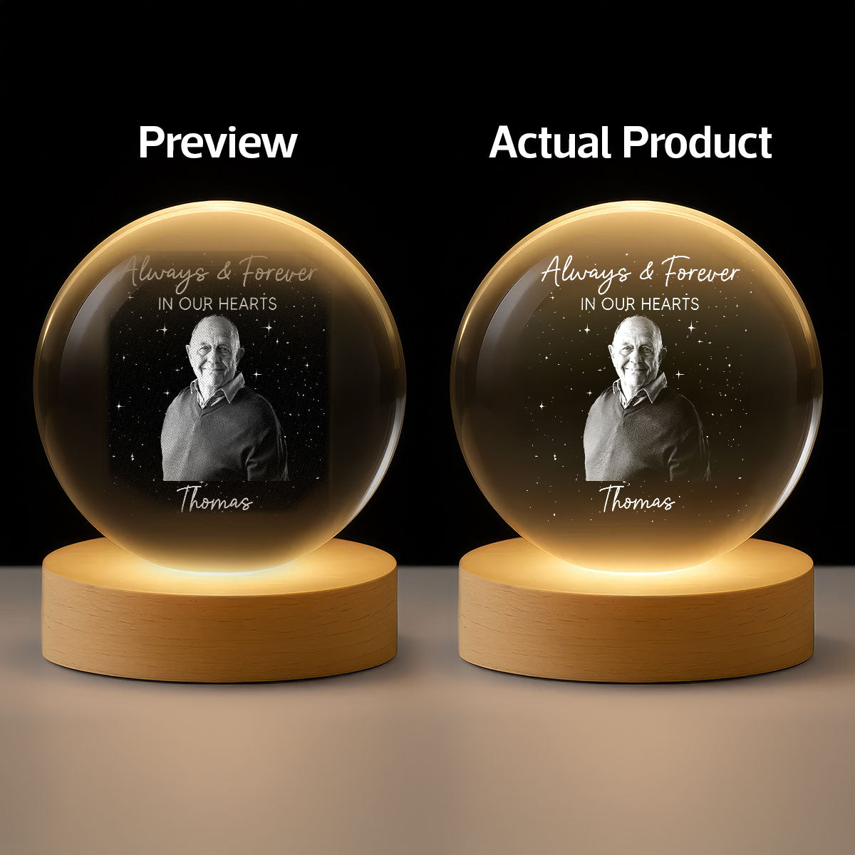 Custom Photo Engraved - Personalized Crystal Ball LED Night Light - Memorial Remembrance Keepsake