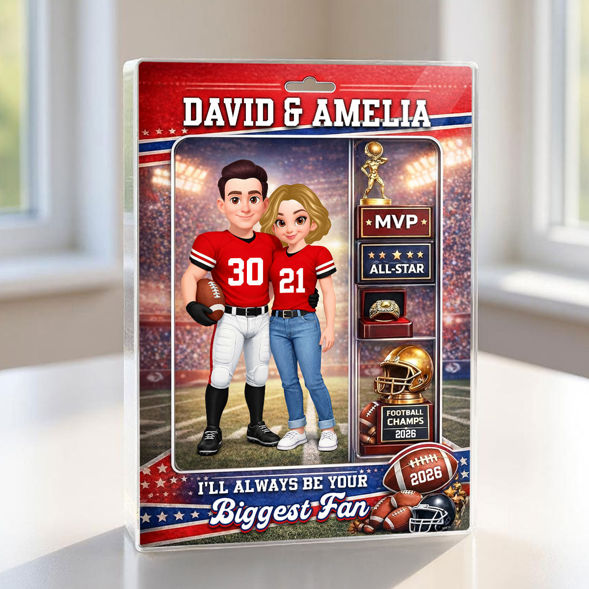 Football Couple Action Figure - Personalized Acrylic Block Plaque - Anniversary, Valentine's Day Gift, Gift For Him, Gift For Her