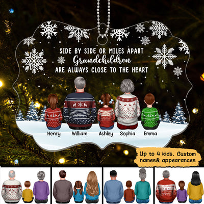 Grandma Grandpa Grandkids Side By Side Snow Background Personalized Acrylic Ornament