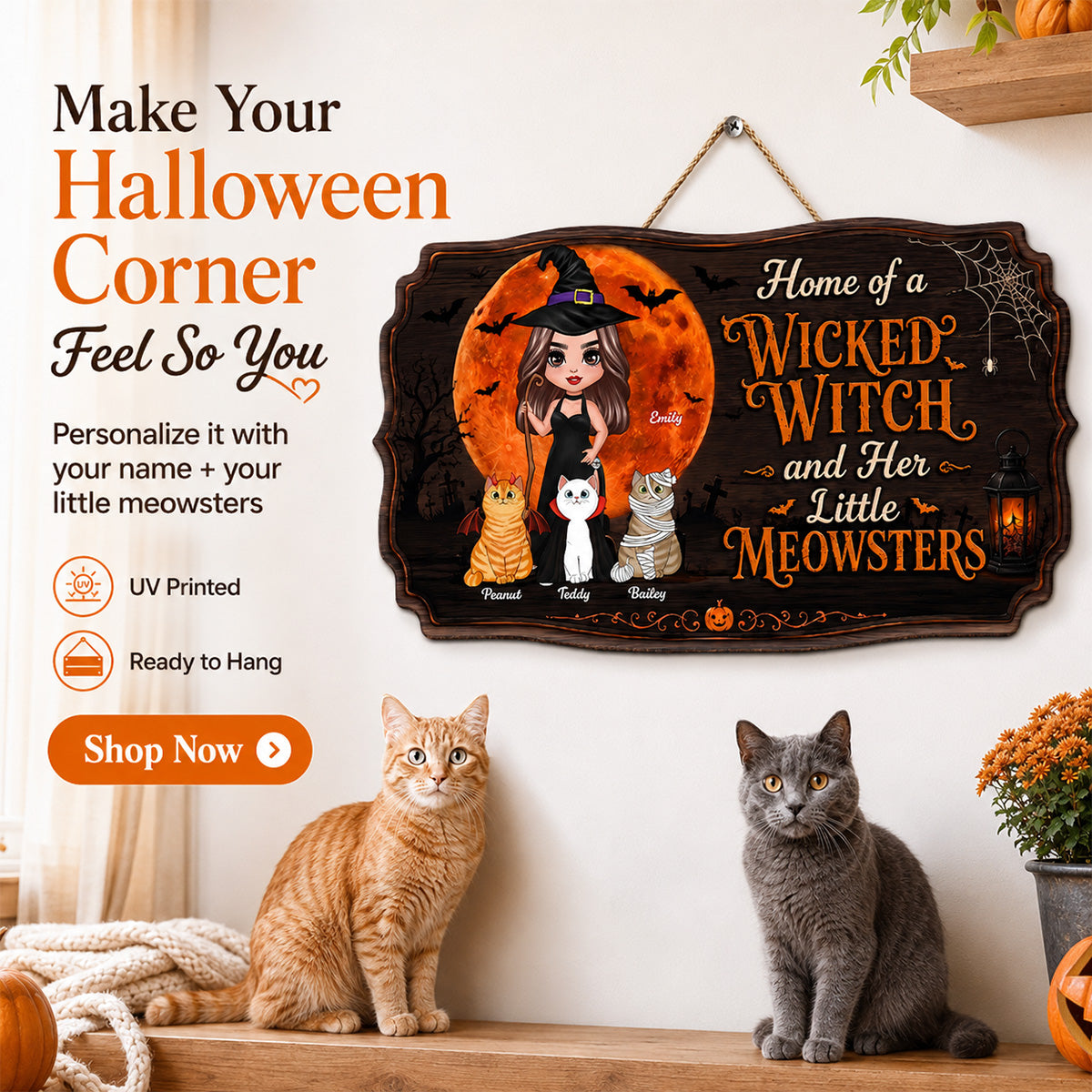 Home Of A Wicked Witch And Little Meownsters - Personalized Door Hanger Sign - Halloween Wigan Pagan Decor For Cat Mom
