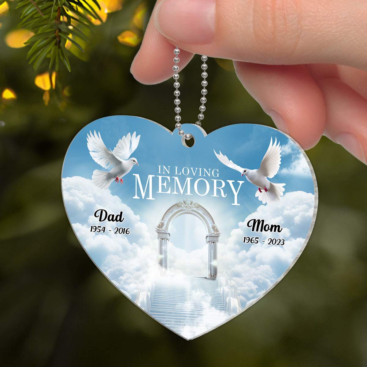 White Doves In Loving Memory Personalized Heart Shaped Acrylic Ornament