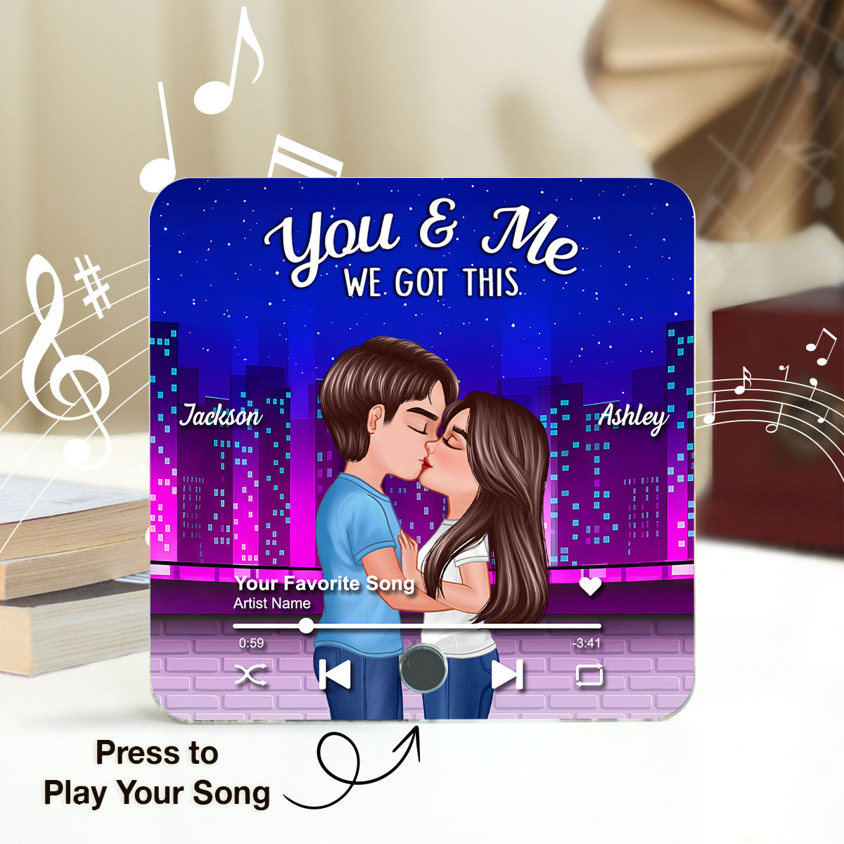 Couple Kissing Neon City Night Skyline Personalized Music Magnet, Anniversary gift for him, for her