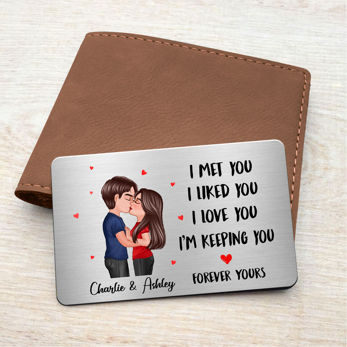 Doll Couple Kissing I Met You Gift For Him For Her Personalized Metal Wallet Card