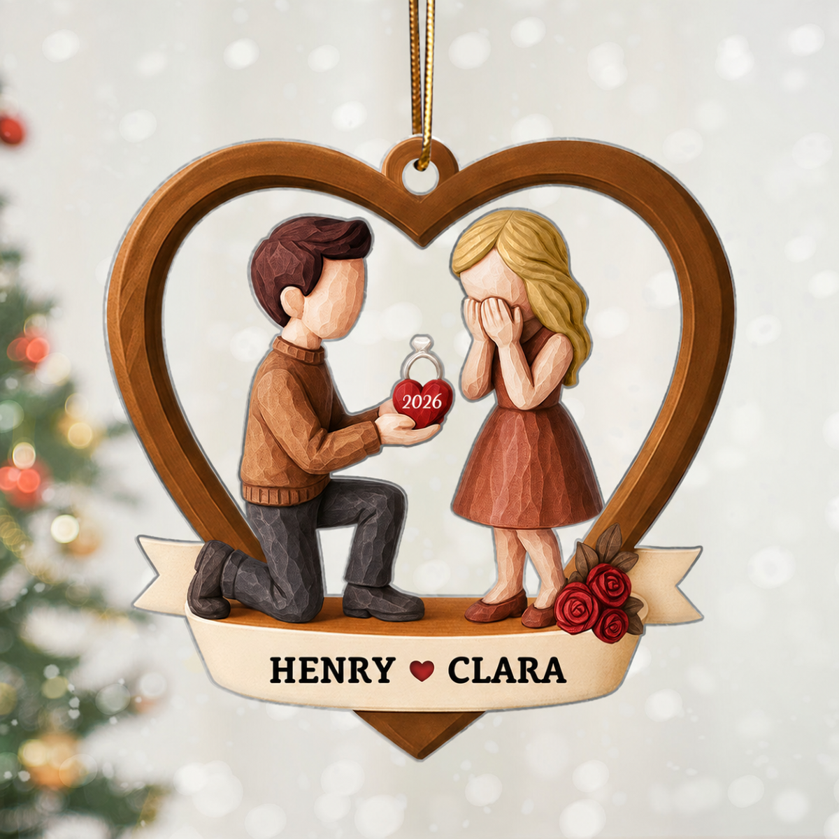 Couple Marriage Proposal 3D Wooden Effect - Personalized Acrylic Ornament - Newly Engaged Gift, "She Said Yes!" Christmas Ornament
