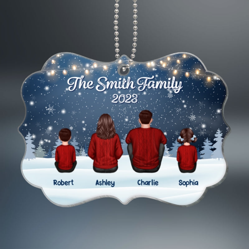 Family Back View Sitting In Snow Night Lights Personalized Acrylic Ornament