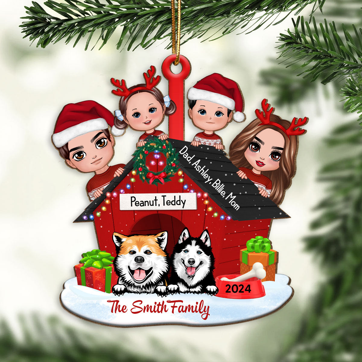 Family And Dogs Christmas - Personalized Wooden Ornament