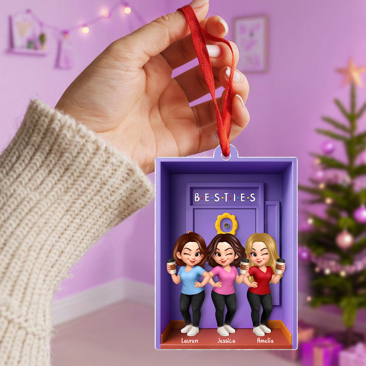 Besties Purple Door Entryway 3D Effect Personalized Acrylic Ornament, Gift for Best Friends, Besties, Sisters