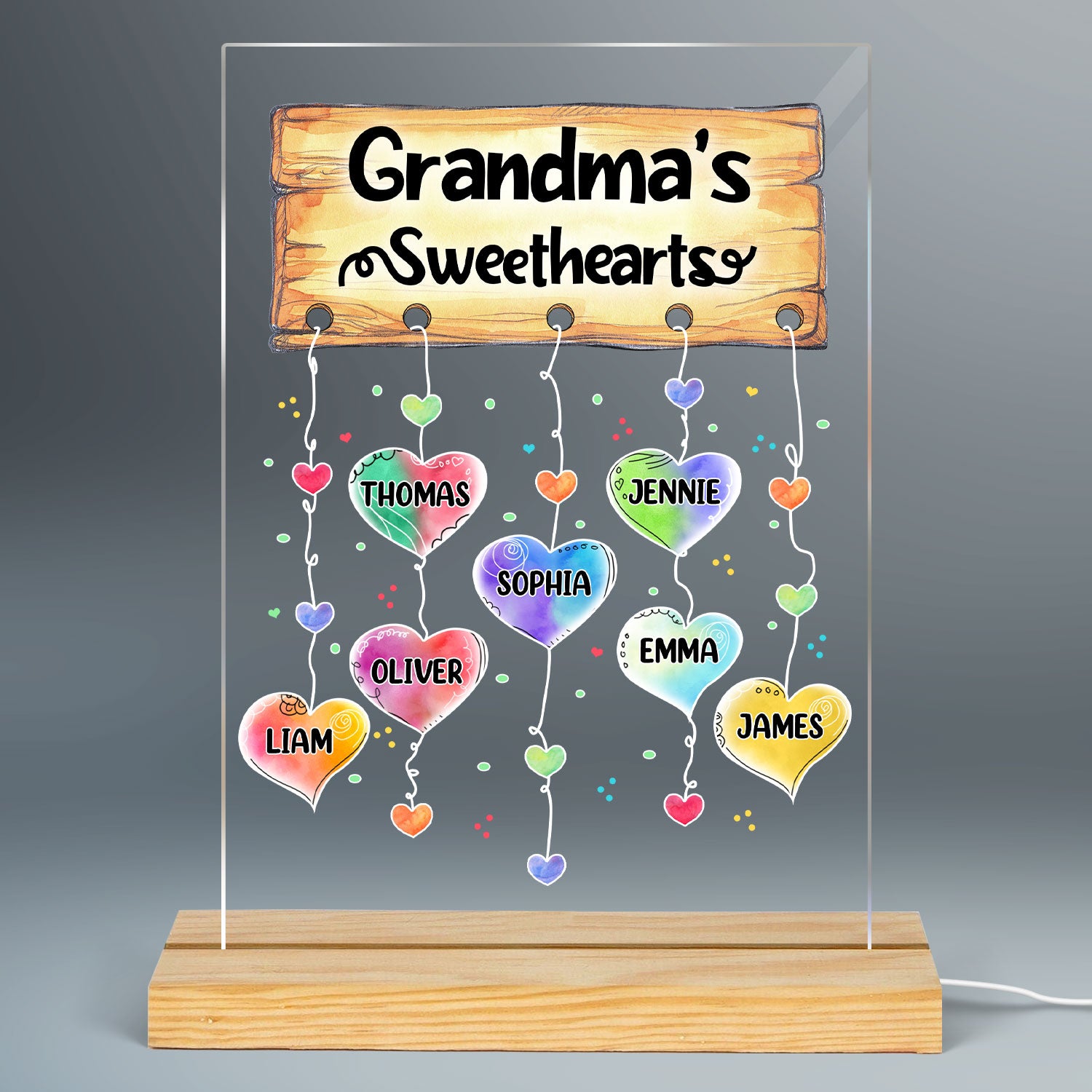 Grandma‘s Sweethearts Watercolor Heartstrings Personalized Rectangle Acrylic Plaque With LED Night Light