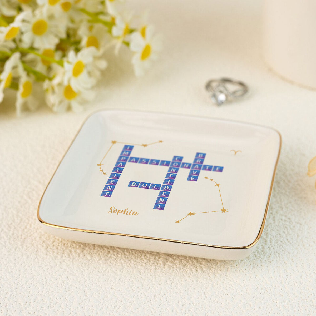 Zodiac Sign Crossword Astrological Personalized Jewelry Dish, Gifts For Friends, Daughter Birthday Gifts