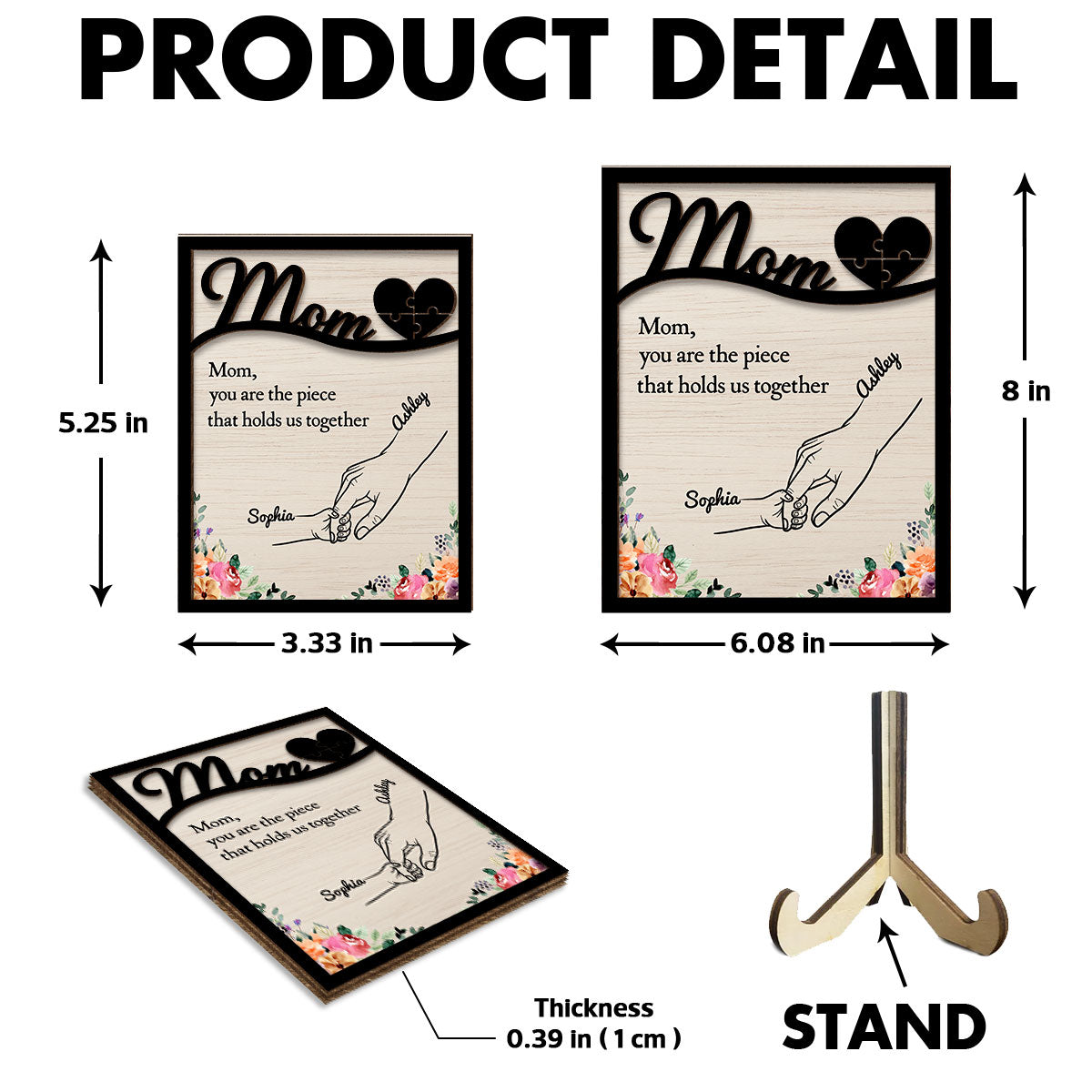Mom The Piece That Holds Us Together Personalized 2-Layer Wooden Plaque