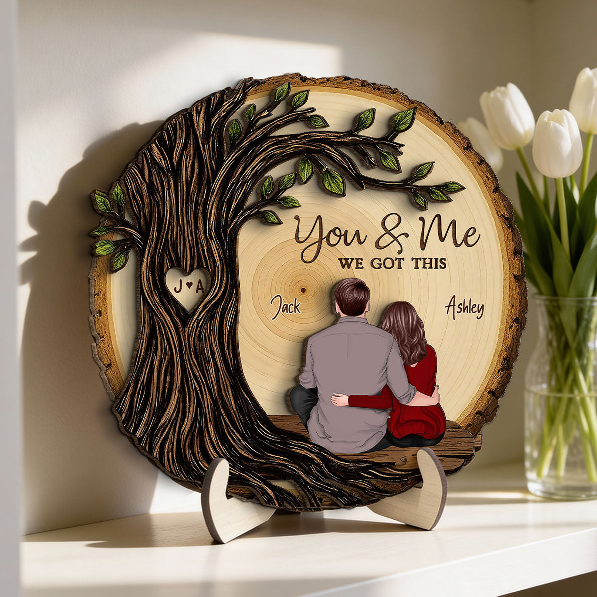 Couple Sitting Back View Under Heart Carved Tree - Personalized 2-Layered Wooden Plaque - Valentine's Day Gift For Couple