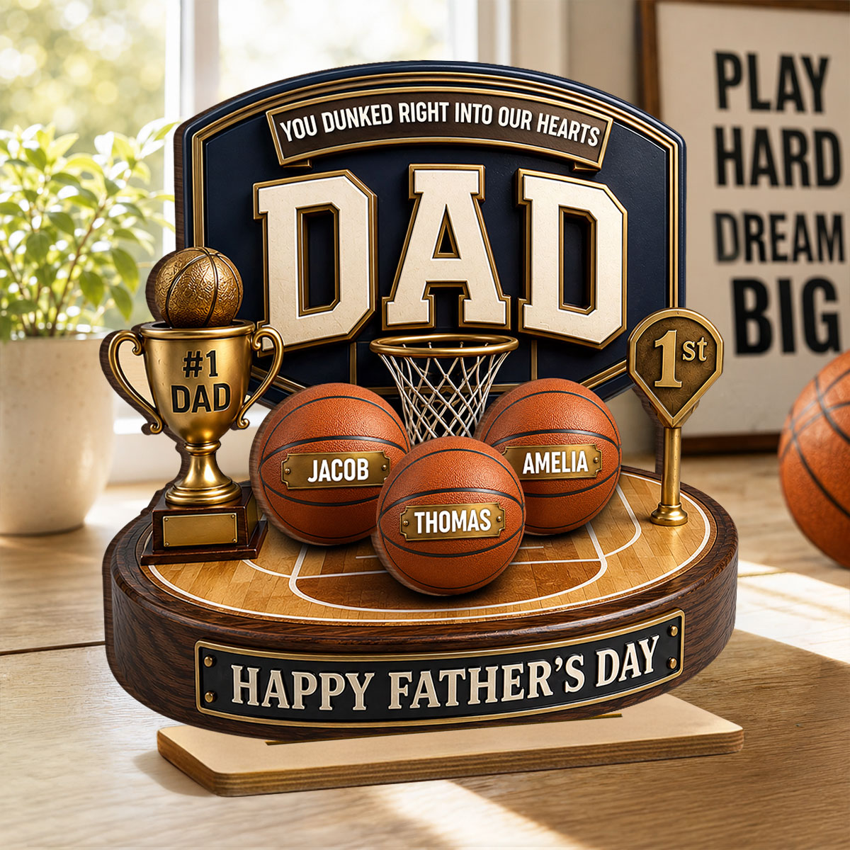 Basketball Trophy You Dunked Right Into Our Hearts - Personalized 2-Layered Wooden Plaque - Father's Day Gift For Dad, Husband