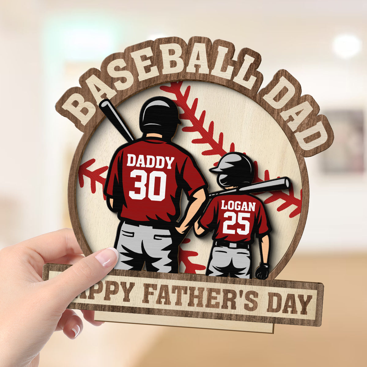 Baseball Family Back View Personalized 2-Layered Standing Wooden Plaque, Father's Day gift for Dad, for Husband