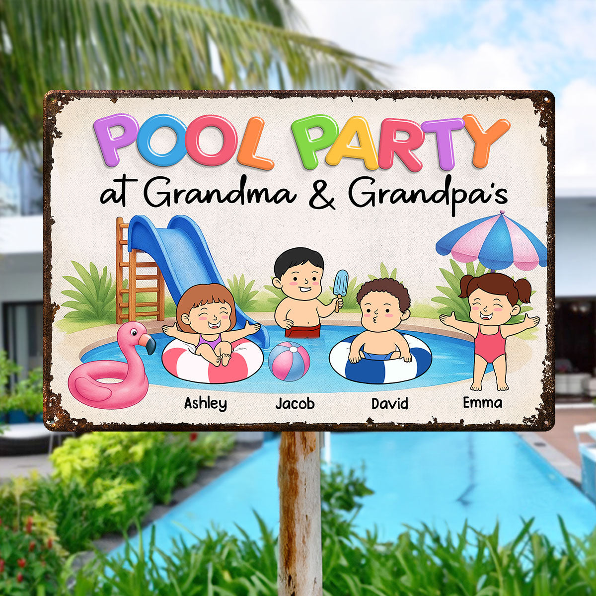 Funny Cartoon Kids Pool Party At Grandma Grandpa Personalized Metal Sign