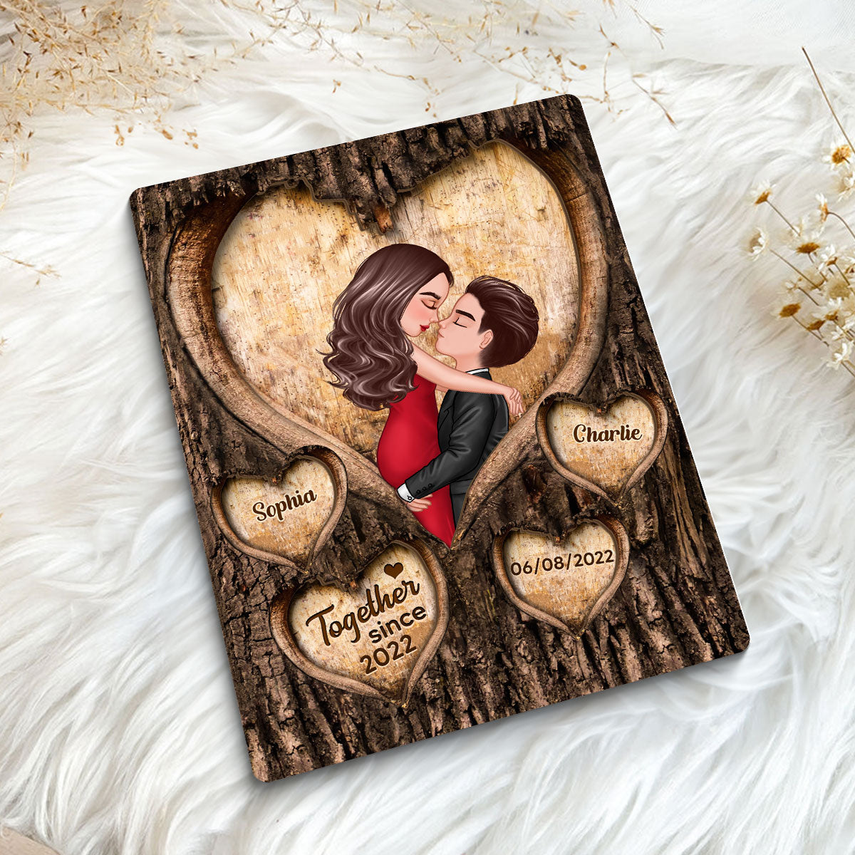 Couple Kissing Hearts Engraved On Tree Personalized 2-layer Wooden Plaque,  Gift For Him, For Her