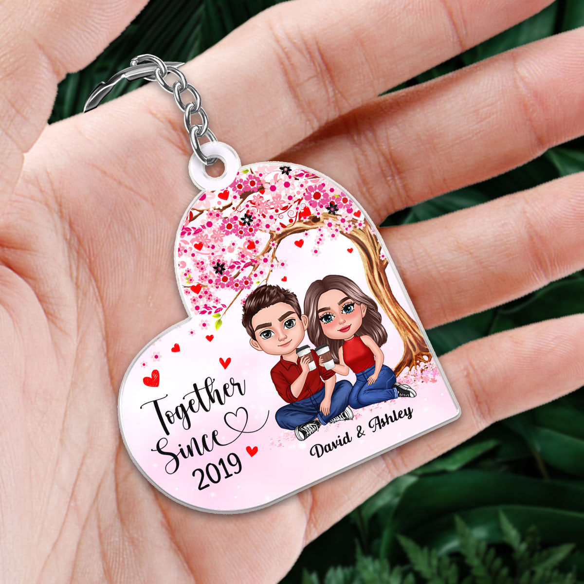 Doll Couple Sitting Together Under Tree Favorite Song Scannable QR Code Personalized Acrylic Keychain