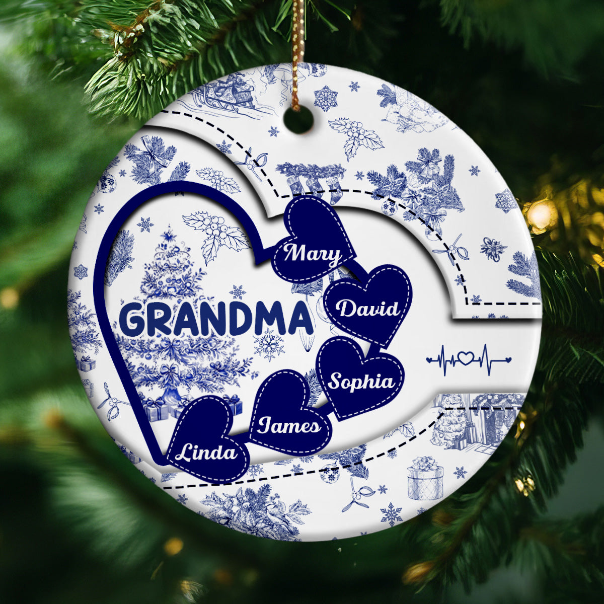 Grandma With Hearts Grandkids' Names Toile De Jouy Style Personalized Circle Ornament