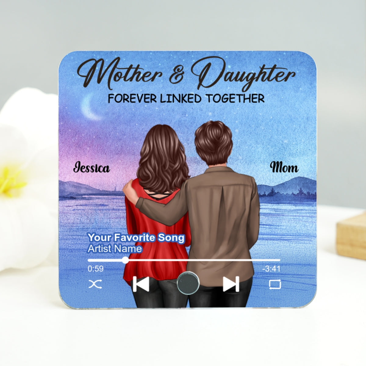 Beautiful Landscape Mother & Daughter Forever Linked Together Personalized Music Fridge Magnet, Heartfelt Gift For Mom, Gift For Daughter